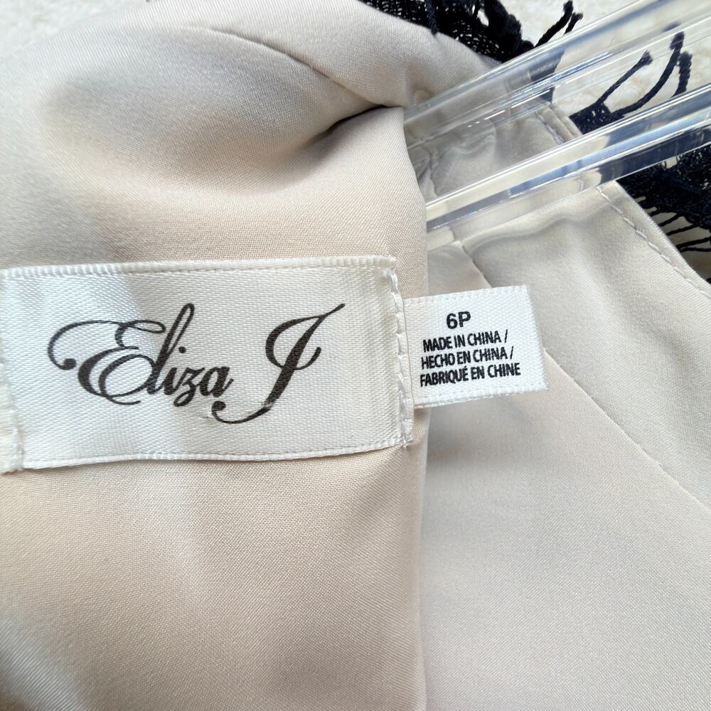 Eliza J Black Dress Size 6P Beaded Bodice Taffeta Gown Cap Sleeves Lace Formal - Picture 6 of 11